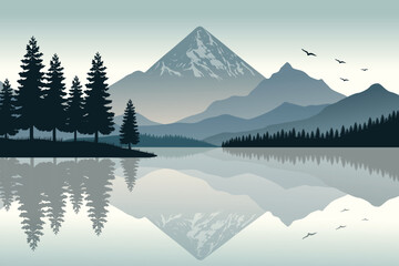 Serene Mountain Lake Reflection, Tranquil Wilderness Illustration, Scenic Nature Landscape of Pine Trees and Misty Mountains, Peaceful Outdoor Adventure.