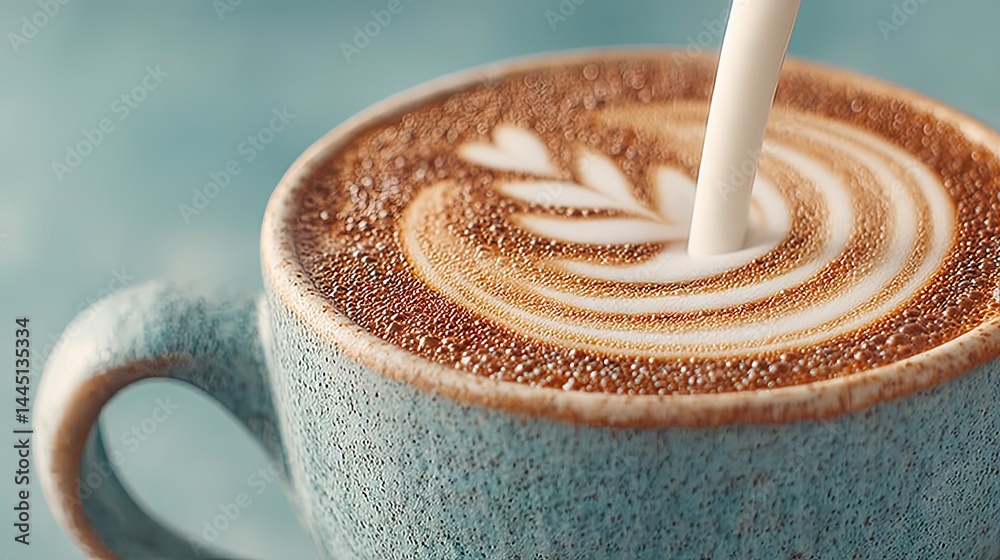 Poster Close-up of a steaming latte with beautiful art being poured into a mug.