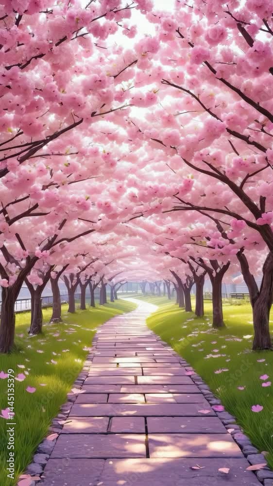Poster blooming cherry blossom trees creating pink tunnel over park path..