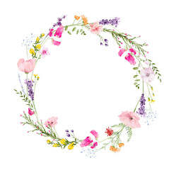 Watercolor floral round wreath frame. Diverse meadow pink poppies, violet lavender, yellow flowers, green branches. Hand drawn style illustration. Artistic template design.