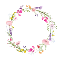 Watercolor floral round wreath frame. Diverse meadow pink poppies, violet lavender, yellow flowers, green branches. Hand drawn style illustration. Artistic template design. © satika
