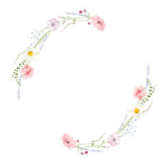 Watercolor floral round wreath frame. Meadow pink poppies, violet lavender, chamomile flowers, green branches. Hand drawn style illustration. Artistic template design. © satika