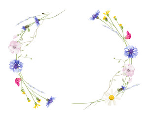 Watercolor floral round wreath frame. Wild meadow blue cornflowers, pink, violet, orange, yellow flowers, green branches. Hand drawn style illustration. Artistic template design.