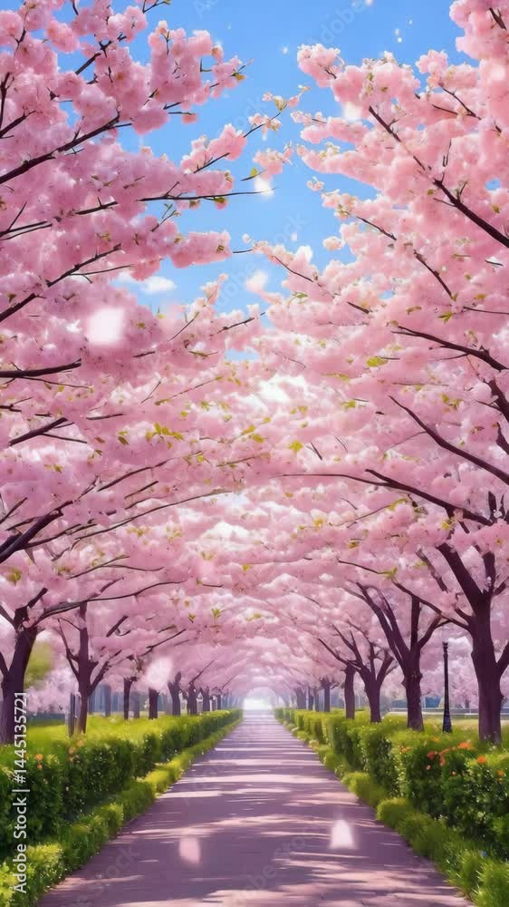 Poster blooming cherry blossom trees creating pink tunnel over park path..