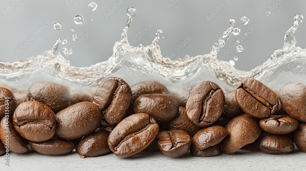 Poster Close-up of coffee beans submerged in water with splash effect on a gray background.