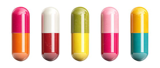 Obraz premium A row of five multi-colored pharmaceutical capsules is neatly arranged and isolated on a clean transparent background for medical