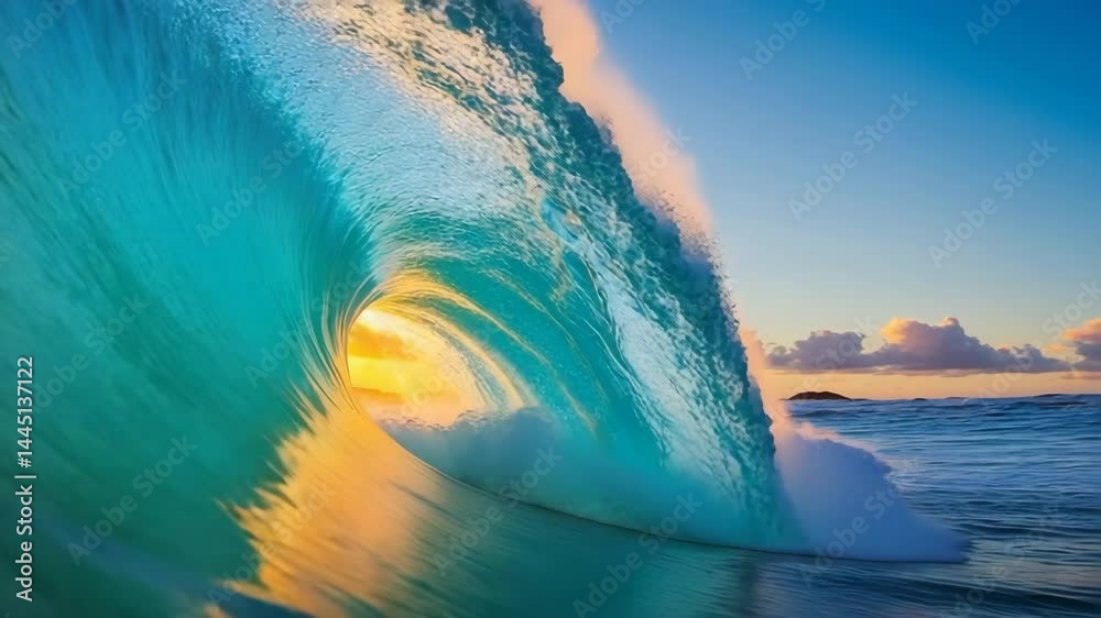 Poster ocean wave curling into perfect barrel shape at golden hour..