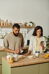 Loving couple enjoys breakfast together in their cozy kitchen surrounded by warmth and affection