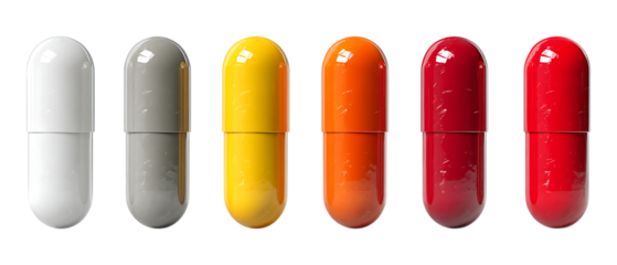 Six multicolored medical capsules are lined up for healthcare marketing and pharmaceutical visuals isolated on a transparent background.