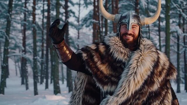 Viking man holding a drink while standing in snowy forest during winter  