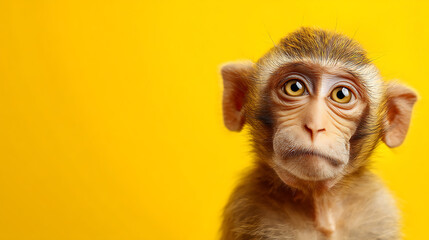 Fototapeta premium Curious young monkey with expressive eyes against a vibrant yellow background