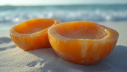 Two halved, orange, fruit-like objects on a beach