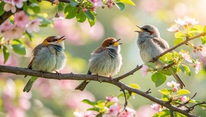 funny little birds sit on a branch in a spring Sunny Park and chirp  