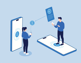 Illustration of a cryptocurrency transfer between users vector art
