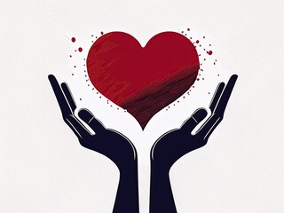 Black and white drawing of two hands holding a red heart