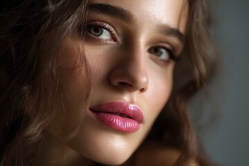 Fototapeta premium Woman Portrait with Pink Lips and Curly Hair