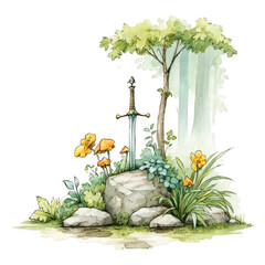 A sword stands in stone in a magical forest scene painting with watercolor.