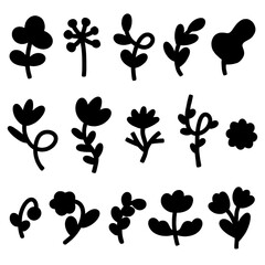 Set of black bold flowers isolated on white background. Modern scandi style floral elements. Minimalist and simple florals.