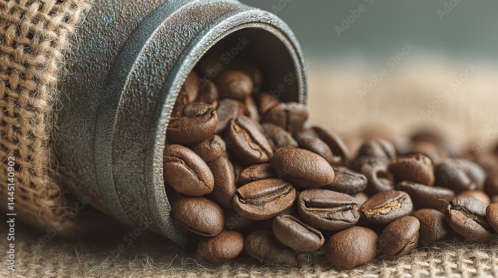 Poster Close-up of roasted coffee beans spilling from a rustic container on burlap