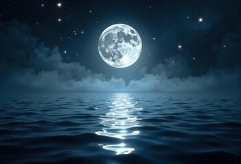 A serene moonlit night over calm ocean waters reflecting the moon