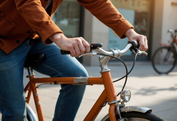 Obraz premium A person riding an orange bicycle on a sunny day in the city