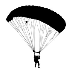 Silhouette of a skydiver with a domed parachute on a transparent background. Suitable for use in themes related to extreme sports, aviation, military training and adventure.
