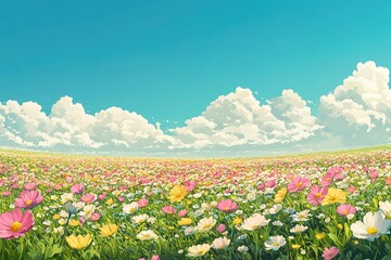 Fototapeta premium Anime Meadow Landscape With Pink, White, and Yellow Flowers Under a Sunny Blue Sky