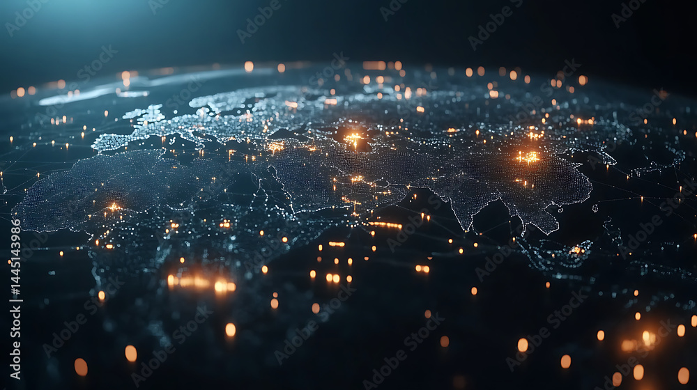 Poster planet earth in space , binary code technology , glowing sphere on black background