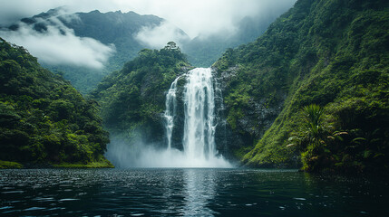 Obraz premium Majestic cascading waterfall winding through lush green mountains mist rising from turbulent waters dense tropical foliage framing the scene