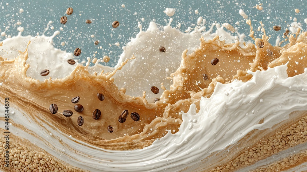 Poster coffee and milk splash with beans, liquid swirl and textured elements in motion
