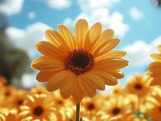 Vibrant yellow flower, sunlit, against a blue sky and more flowers