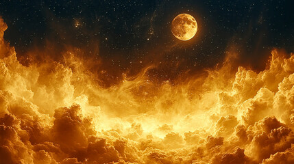 Obraz premium Majestic golden and black night sky with moon stars and clouds abstract painting