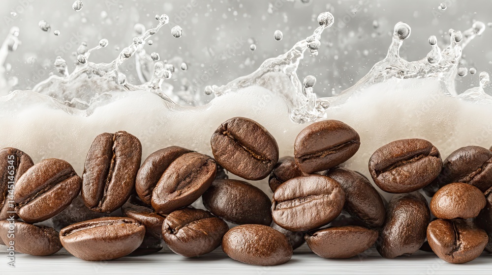 Poster Coffee beans with splashing liquid creating an artistic and refreshing look.
