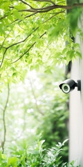 Outdoor security camera mounted on garden wall amidst lush green foliage and leaves on a bright sunny day