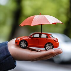 Red Car Model Protected by Umbrella Safe Secure Insurance Concept hand auto risk care money asset   