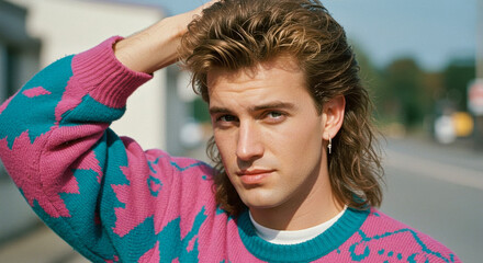 Young man with stylish mullet hairstyle poses outdoors wearing vibrant sweater in sunlight