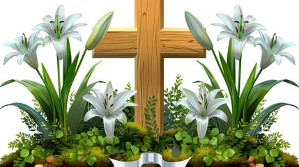 Obraz premium Easter cross with white lilies and greenery