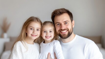 Fototapeta premium Happy family portrait. Two adorable daughters with their dad