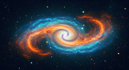 Spiral galaxy in deep space with vibrant colors and swirling patterns.  Vast expanse of stars and nebulae