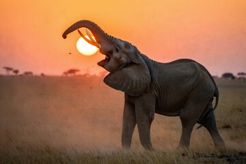 Fototapeta premium Elephant trumpeting at sunset on the savannah 