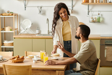 Warm moments shared over breakfast in a cozy home kitchen between a loving couple