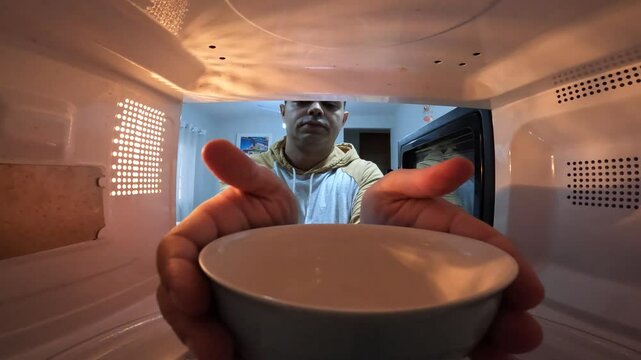 Man taking a bowl out of the microwave. Microwave concept. Bowl concept.