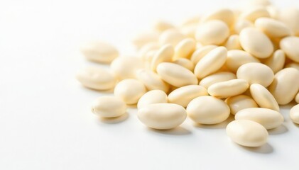 Scattered white beans on pristine white background, culinary arts, photography, sprinkled beans