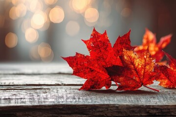 Obraz premium Autumn leaves on rustic wood