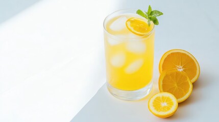 Fototapeta premium A refreshing glass of orange juice with ice and garnished with mint leaves, accompanied by sliced oranges on a light background, and vibrant summer drink concept.
