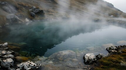 Mountain hot spring oasis steam rising into cold air rocky pool edge