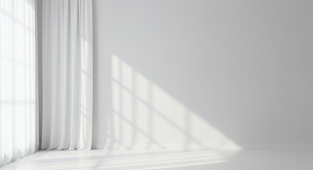 Obraz premium Bright Window Light Shining in Empty Room with White Curtain