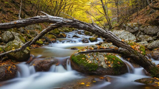 Tree branch arching over quiet mountain stream with mossy stones