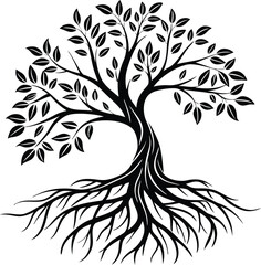 Obraz premium A stylized black silhouette of a tree with intricate branches and leaves, extending upward from a detailed network of roots below. The design features a smooth, curving trunk.