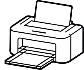 A simple line drawing of a printer with a paper tray. The printer features a flat top where paper is loaded, and it has a small opening from which printed pages emerge. The design is minimalist.